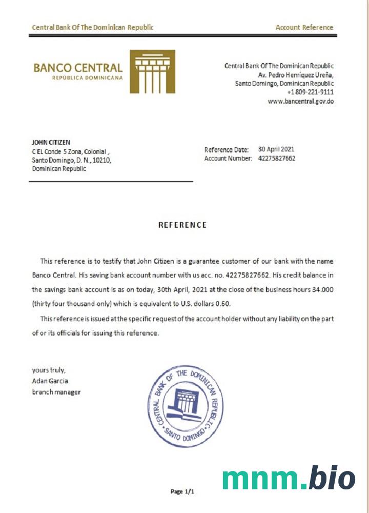 Przykład odniesienia Banku Centralnego Dominicia w formatach Word i PDF